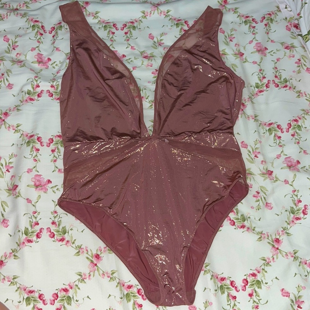 Metallic pink v neck bodysuit